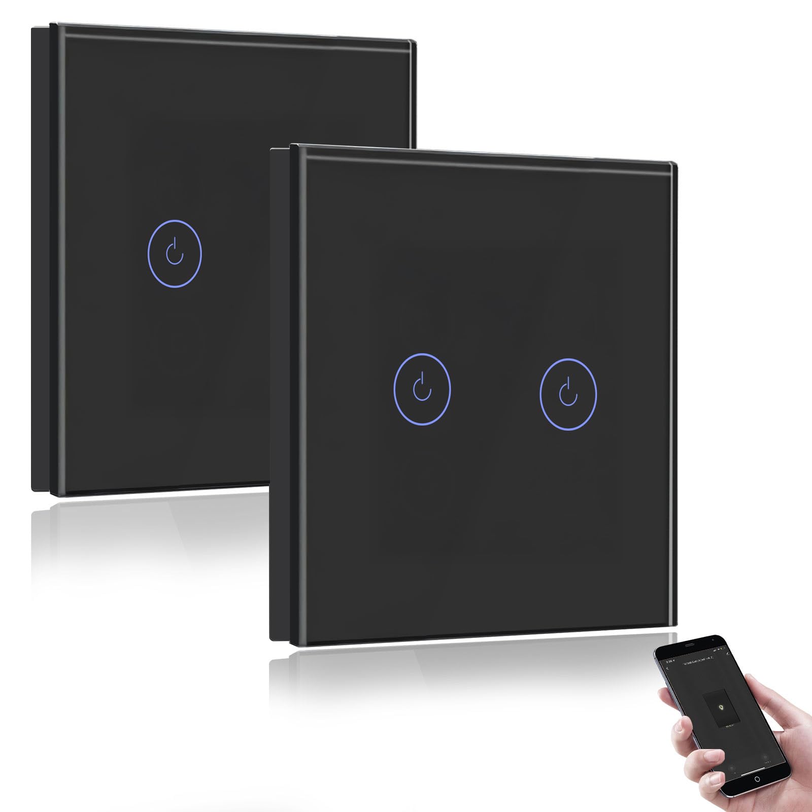 BSEED Smart Light Switch,Compatible with Alexa and Google Home,2 Gang WiFi Touch Switch,2 Way or Multi-Way Control by SmartLife APP,Black Alexa Switch with LED Indicator Light-Neutral Wire Need-2pack — image 1