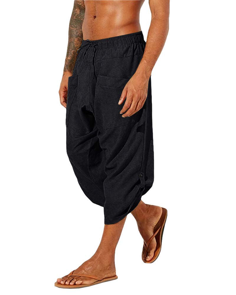 Photo 1 of Gafeng Mens Linen Harem Capri Pants Drawstring 3/4 Shorts Casual Beach Yoga Hippie Thai Pants