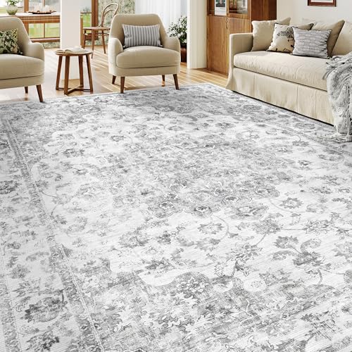 HUGEAR Vintage Waschbarer Teppich Wohnzimmer 200x300cm Retro Grau Rugs for Living Room Weich rutschfest Groß Tepich Kurzflor Schlafzimmer Carpet Livin