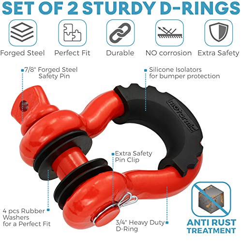 motormic RED D Ring Shackles 2pack - 3/4" Clevis Shackle with 7/8" Pin - Max 57,000 lbs Break Point - 2 Black Isolators and 8 Black Washers - Heavy Duty DRing for Tow Strap and Jeep Towing