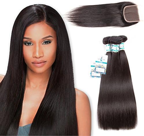 Brazilian Straight Hair 4 Bundles with a Free Part Lace Closure 100% Unprocessed Human Hair Bundles Natural Color,12"14"16"with 12"