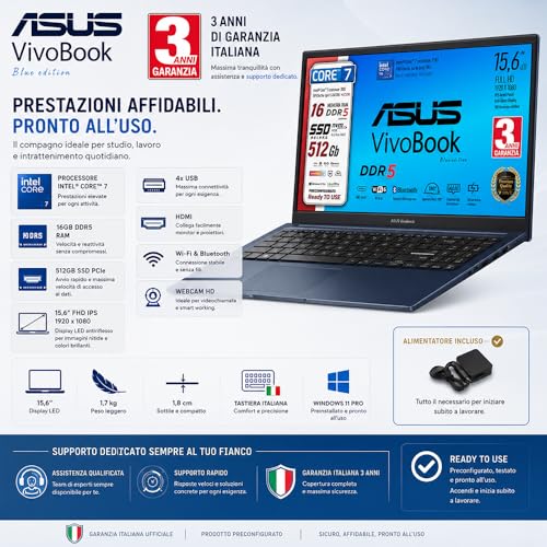 ASUS Laptop Intel i7, SSD PCI 512 Gb, 15.6 Inch Ips FHD, HDmi, Bt, Webcam, Wi-fi, 4 Usb, Bt, Italian Keyboard, ddr5 16 GB, Pre-configured, Italian Warranty 3 Years, Blue Edition