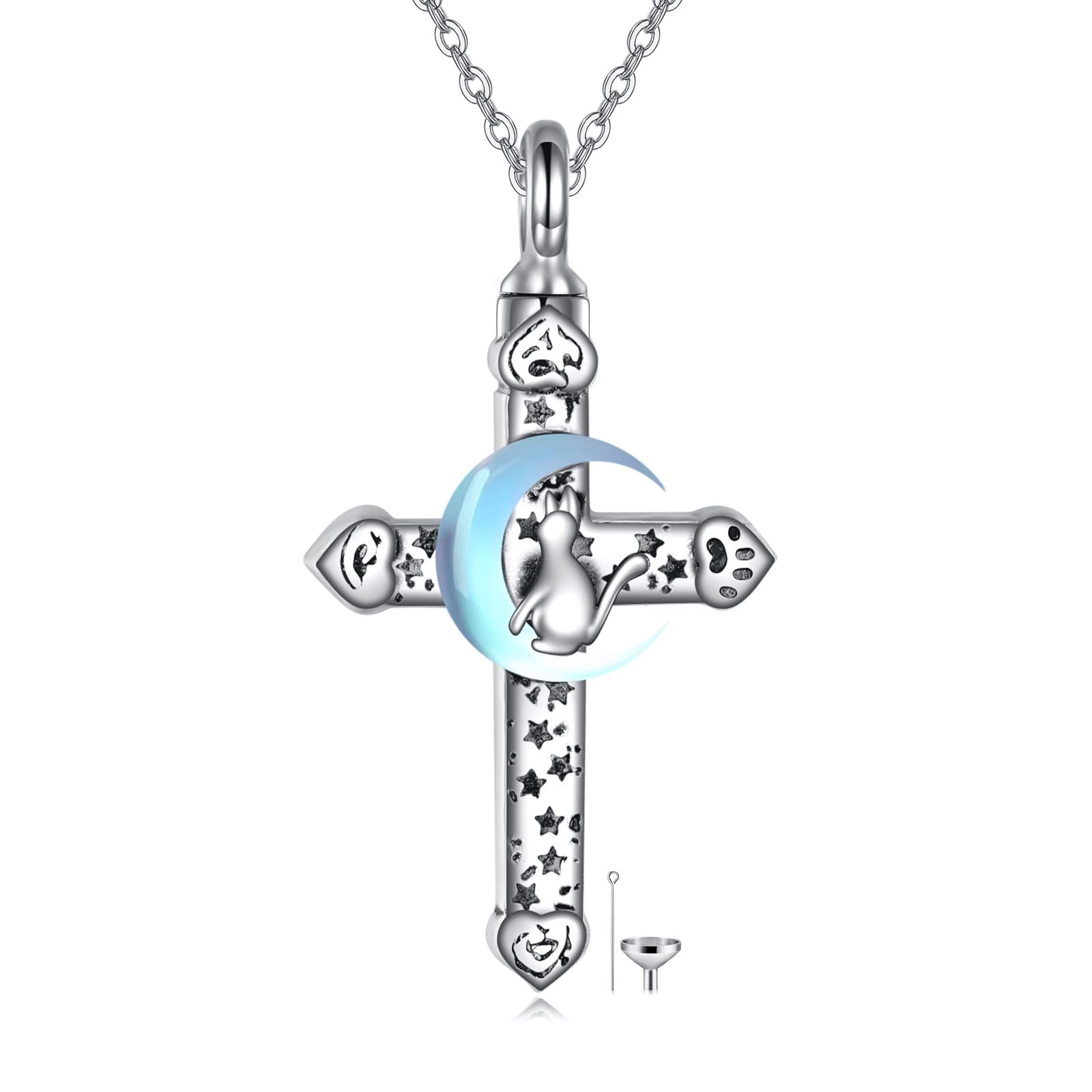 POPLYKE Pet Cat Cremation Jewelry for Ashes Sterling Silver Memorial Ash Jewelry Moonstone Cross Keepsake Urn Pendants for Animal Ashes Necklace