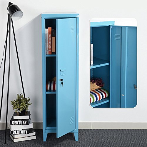 HouseinBox High Standing Locker Organizer File Storage Chest Metal Cabinet 1 Door 3 Shelves Lockable Unit Home,Office Use, Blue - Thumbnail 3