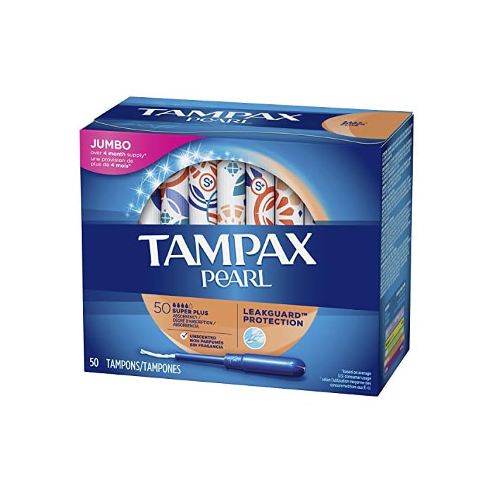 Tampax Pearl Tampons Super Plus Absorbency, with Leakguard Braid, Unscented, 50 Count