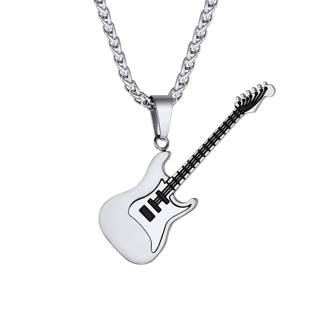 Suplight Platinum Silver Guitar Necklace for Men Boy Rock Music Party Chain Stainless Steel