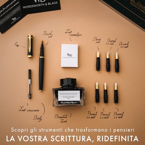 Wordsworth & Black Calligraphy Pen Gift Set, Includes Ink Bottle, 6 Ink Cartridges, Ink Refill Converter, 6 Replacement Tips, Premium Package [Black Gold]