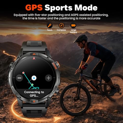 GPS Smartwatch Men's Watch with Calls: 1.46 Inches Large Round Screen Military Smart Watch Fitness Sport Compass Flashlight Heart Rate Monitor Pressure Sleep Waterproof Health Watches for Android iOS
