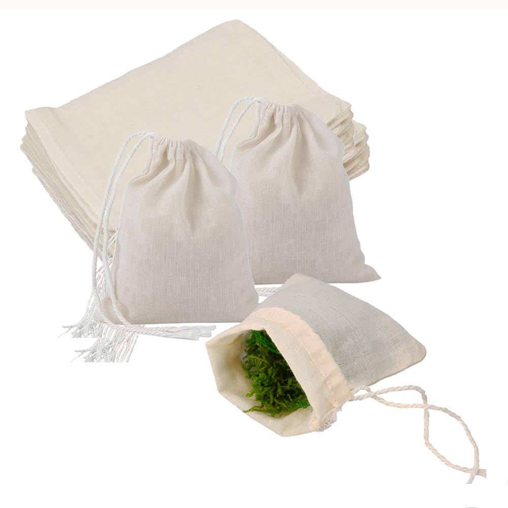 Cotton Muslin Drawstring Bags, 50 Pack Small Cotton Bags Reusable Mesh Bag for Coffee Loose Tea Fliter, Herbs, Spices, Soap Packaging 10 * 8 cm