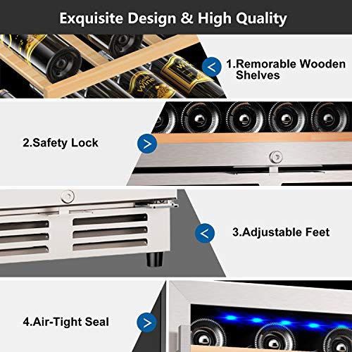 MOOSOO 24 Inch Beverage and Wine Cooler, Dual Zone Wine Refrigerator with Stainless Steel