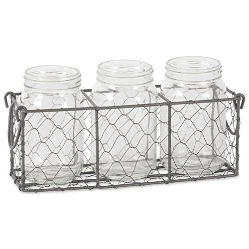 DII Z02015 Home Traditions Rustic Farmhouse Vintage Chicken Wire Flatware Caddy with Clear Glass Jars, Gray