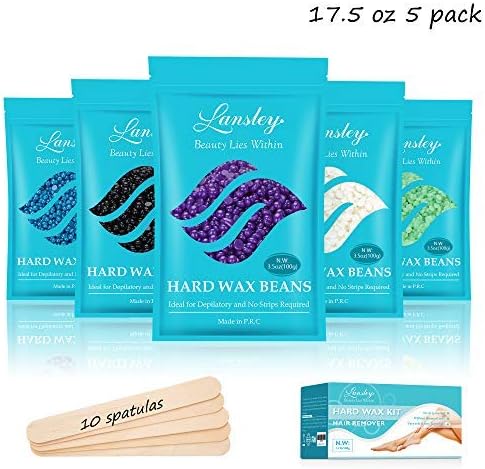 Hard Wax Beans Lansley Hair Removal At Home Waxing for Women Men Sensitive Skin Full Body Face Eyebrow Leg with 5 Scent 3.5oz/bag Wax Beans 10 Wax Applicator Spatulas