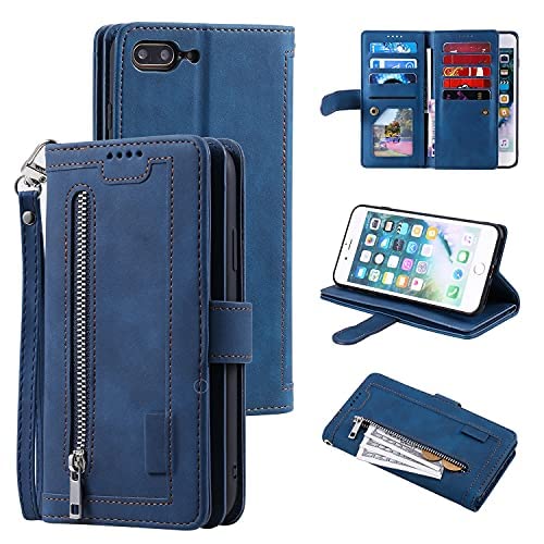 UEEBAI Wallet Case for iPhone 7 Plus iPhone 8 Plus, Retro 9 Card Holder Slots Zipper Pocket Handbag Case PU Leather Magnetic Closure Kickstand with Wrist Strap TPU Shockproof folio Case - Blue