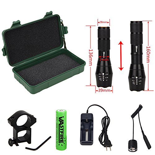 VASTFIRE 350 Yard Zoomable CREE Green Flashlight Kit Varmint Predator Coyote Hog Light with Remote Pressure Switch Rechargeable Batteries and Charger, Gift Box Packaging