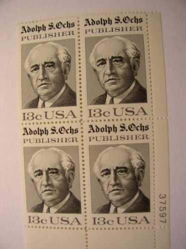 US Postage Stamps, 1976, Adolph S. Ochs, S# 1700, Plate Block of 4 13 Cent Stamps, MNH