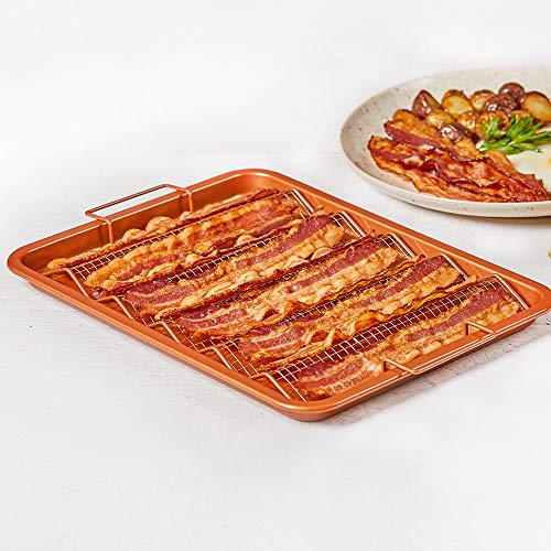 Copper Chef Oven Crisper Tray for Bacon & More | Baking Sheet & Air Crisper Pan | Use Hot Air to Crisp & Fry Bacon Without Oil or Fat | Non Stick & Dishwasher Safe 13" X 11" - Thumbnail 4