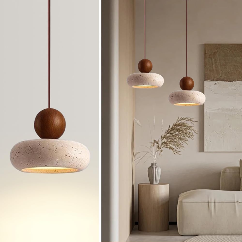 Photo 1 of WOSBO Wabi Sabi Pendant Light, 5.9" Natural Yellow Travertine Pendant Light with Round Stone Shade and Wooden Globe, Retro Mini Pendant Lighting Perfect for Bedroom Bedside Light Living Room Kitchen