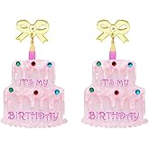 Light Pink Birthday Cake Colorful CZ Dangle Drop Earrings for Women Cute Acrylic It is My Birthday Danling Bow Stud Lightweight Hypoallergenic Fashion Trendy Jewelry for Party Daughter