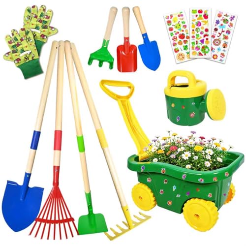 Wheelbarrow for Children, 13pcs Children's Wheelbarrow Set Gardening Set, Children's Garden Tools Set with Shovel, Broom, Rake and Leaf Rake, Sprayer Outdoor Sand Toys (B)