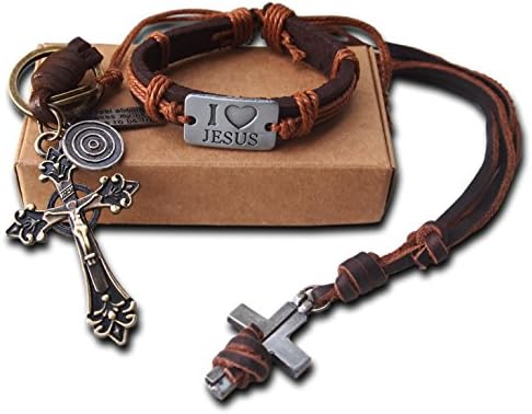 AtlantisForYou Christian Genuine Jesus Christ Leather Set with Holy Cross Necklace