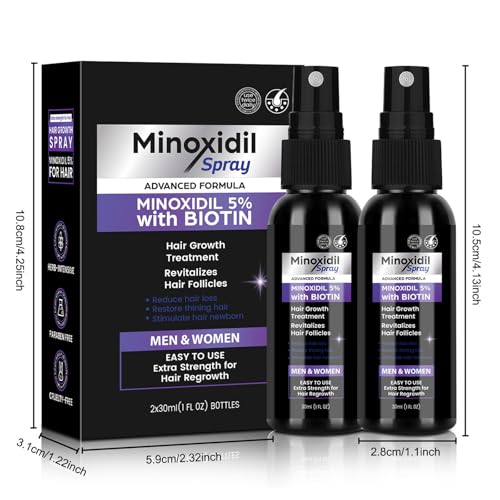Minoxidil 5% for Men Women, 2 pcs 30ml Minoxidil for Women Hair Growth, Minoxidil for Men Hair and Beard Growth Spray, with Biotin and Minoxidil Extract Serum for Hair Loss and Thinning