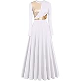 Women Metallic Bi Color Liturgical Praise Dance Dress Long Sleeve Lyrical Dancewear Church Maxi Robe Worship Costume