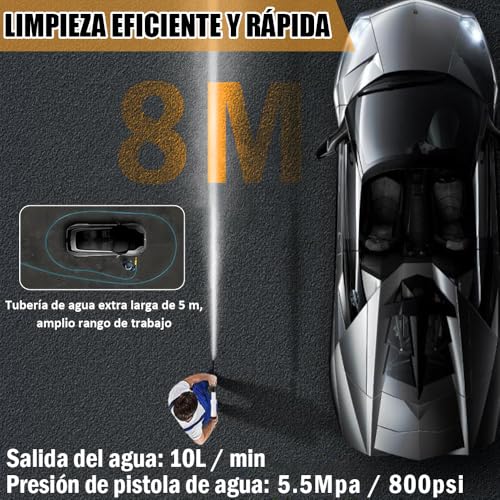 KEPOUREOMQ Pistola de Lavado de Alta Presión, 6 en 1 Hidrolavadora Inalambrica Eléctrica Portátil de 800PSI, 550W, con 2 * 15000mAh Baterías, 5m Manguera y Jarra de Espuma, Negro