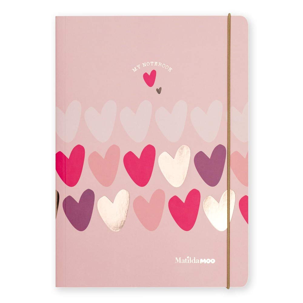 Matilda Moo Notebook - A5 Lined - Hearts - Pink & Rose Gold
