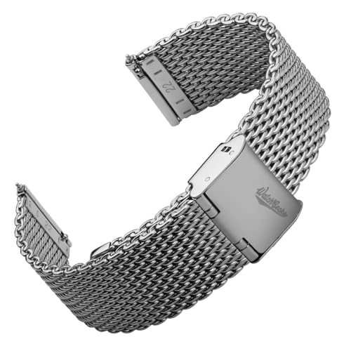 WatchGecko Classic Mesh Watch Strap, Polished or Satin Brushed Finish, 18-22mm. Men's Replacement Stainless Steel Band. Quick Release Spring Bars for Easy Changes