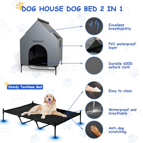 Nidouillet Dog House for Large Breed 122CM Outdoor or Indoor, Weatherproof 600D PVC House Large Puppy, Breathable 2x1 Textilene Fabric Raised Dog Bed
