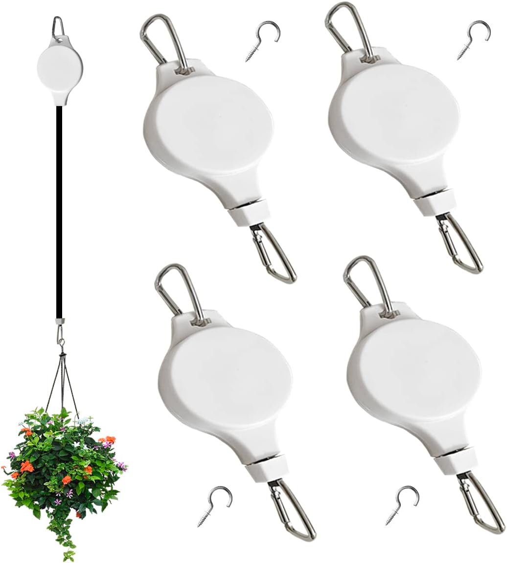 Outdoor Hanging Brackets - LEFTSTARER 4Pcs Retractable Plant Pulley for Hanging Plant Hanger Indoor Outdoor, Adjustable Hanging Plant Pulley for Hanging Macrame Plant Heavy Duty or Bird Feeder (Buckle Style 4pcs)