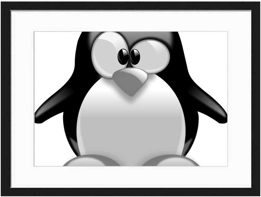 Wood Framed Canvas Artwork Home Decore Wall Art (Black White 20x14 inch) - Tux Penguin Animal Cute Linux Mascot Logo