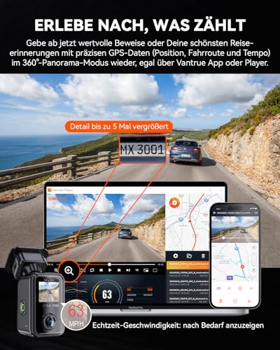VANTRUE E360 ACE 5.2K Panorama + 1944P Dashcam with Dual STARVIS 2 HDR Night Vision, 3 Channel 360° Dash Cam with Portable Carrying Stand, Voice Controlled Car Camera, App