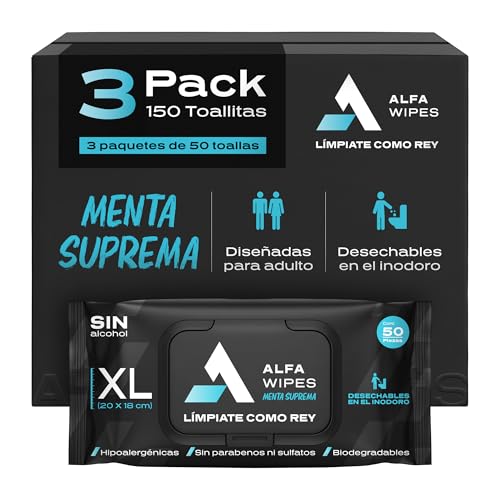 Alfa Wipes Toallitas Humedas para Adulto Extra Grandes y Gruesas, Desechables en Inodoro, Menta Suprema, Hipoalergénicas, con Aloe, Vitamina E, Manzanilla | 3 paquetes con 50 toallitas c/u (150 Toallitas)