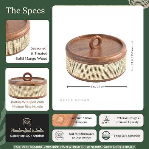 Brick Brown® Tresso Wooden Roti Box With Cane Weave | Chapati For Kitchen Casserole Hot Pot Lid Case Dabba Server Dining Table Handmade Container (8X8X5 In)