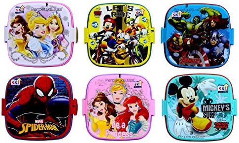 Perpetual Bliss Fancy Disney Theme Square Lunch Box Double Layer for Kids Return Gifts |Dimension|cm: 13x13x10 (Pack of 6)