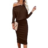 oten 2025 Women's Off Shoulder Bodycon Dress Batwing 3/4 Sleeve Ribbed Cocktail Wedding Guest Party Midi Dress