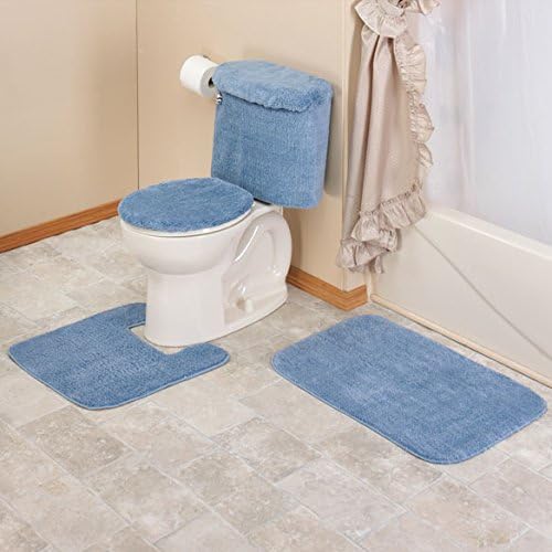 Elegant Bathroom Set, 3 Piece Beautiful Bath Rugs, Bath Mat, Contour Rug, Toillet Lid Cover (Blue)