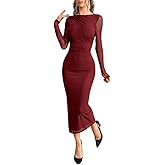 LIGHT DOT Women's Long Sleeve Bodycon Midi Dress Classy Elegant Mesh Ruched Cocktail Dress Guest Evening Formal