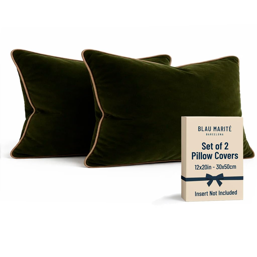 Blau Marité Set of 2 Velvet Throw Pillow Covers with Contrast Piping, Soft Decorative Cushion Covers, Green and Camel, 12"x20" (30x50 cm).