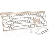 Wireless Keyboard Mouse, Jelly Comb 2.4GHz Ultra Slim Full Size Rechargeable Wireless Keyboard and Mouse Combo for Windows, Laptop, Notebook, PC, Desktop, Computer (White &amp; Gold)