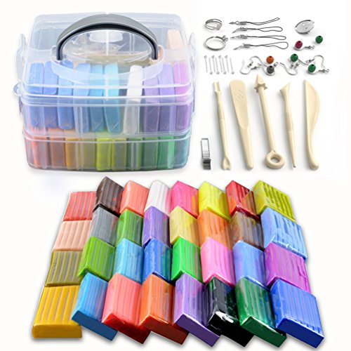[1.4 Oz/Piece] 32 Blocks Polymer Clay Colorful DIY Soft Craft Oven Bake Modelling Clay Kit, with Storage Box, Tools and Accessories