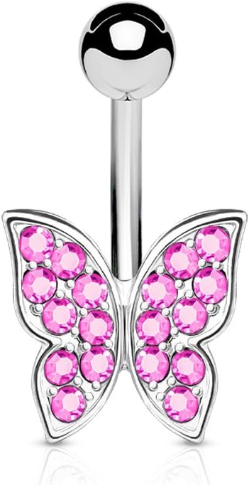 PiercedOff316L Surgical Steel Externally Threaded Belly Bar with Pink CZ Butterfly - Thickness 14GA (1.6mm) / Length 10mm / Ball Size 5mm / Butterfly 12.5 x 12mm