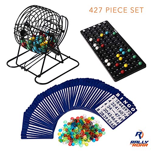 Rally and Roar Deluxe Bingo Game Set - Metal Cage, Calling Board, 75 Balls, 300 Chips and 50 Cards