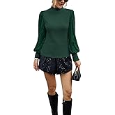 Women's Turtleneck Tops Puff Long Sleeve Shiny Sequins Ribbed Blouses Knit Casual Fall Shirts 2026 Fashion Tunics