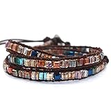 Handmade Genuine Leather Bracelet Cuff Bangle Multi Color Beaded 5 Wrap Adjustable