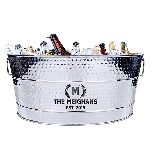 BREKX Personalized Aspen Stainless-Steel Metal Party Tub for Ice and Drinks, Beverage Chiller for Wedding, Anniversary, Housewarming, or Catering - Leak Resistant Glossy Sealed Finish - Large 6 Gallon