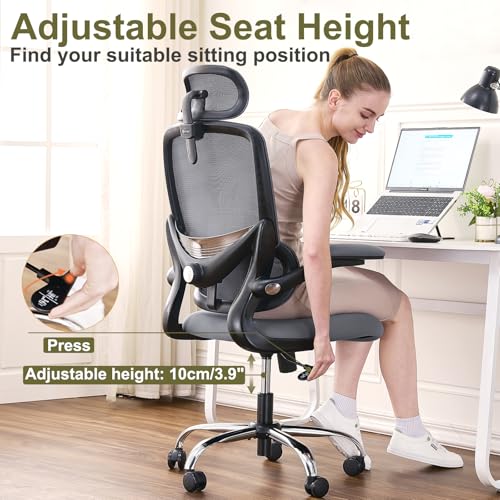 TONFARY Ergonomic Office Chair, High Back Mesh Office Chair, Adjustable Lumbar Support, Folding Armrest, Removable Headrest, Gaming Chair for Computer Swivel 150kg