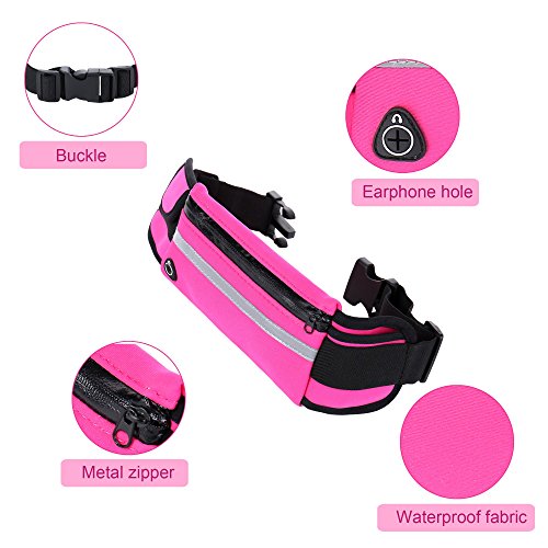 Running Belt,Adjustbale Fitness Belt with Water bottle, Waterproof Reflective Zipper Waist Pack for Runners, Race, Marathon, Hiking … (Pink)
