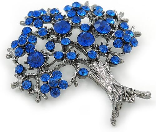 Sapphire Blue Coloured Crystal 'Tree Of Life' Brooch In Gun Metal Finish - 52mm Length, dark grey, blue - Image 3